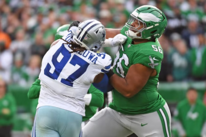 Tyler Steen 56 Of The Eagles Blocks Osa Odighizuwa 97 Of The Cowboys At Lincoln Financial Field