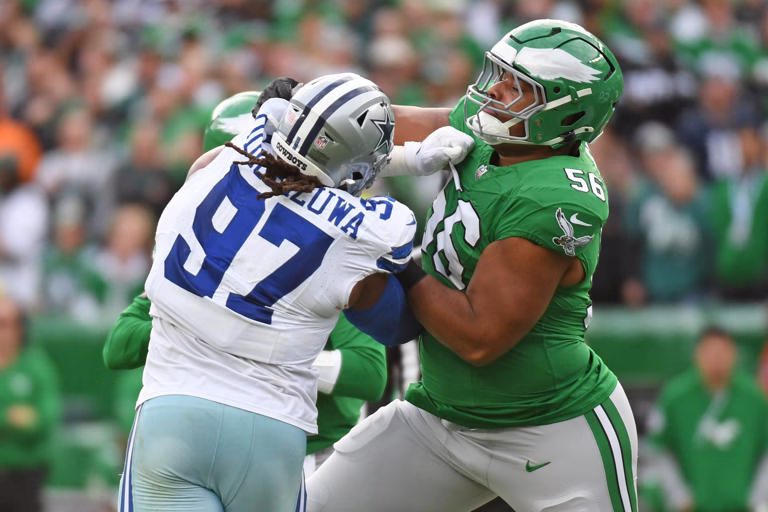 Tyler Steen 56 Of The Eagles Blocks Osa Odighizuwa 97 Of The Cowboys At Lincoln Financial Field
