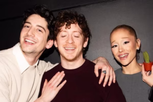 Vincenzo Dimino L R Milo Manheim Ethan Slater And Ariana Grande Backstage At Little Shop Of Horrors