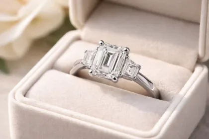 Close-up of a high-end diamond engagement ring on a plain background
