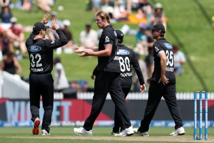 New Zealand Fast Bowlers Adam Milne And Kyle Jamieson In Action On A Cricket Field