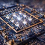 Close-up view of a quantum computing processor chip with tiny qubit structures