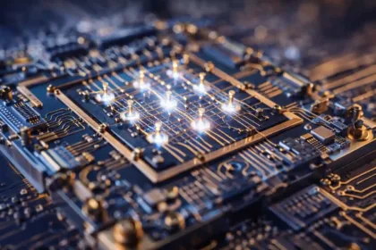 Close-up view of a quantum computing processor chip with tiny qubit structures