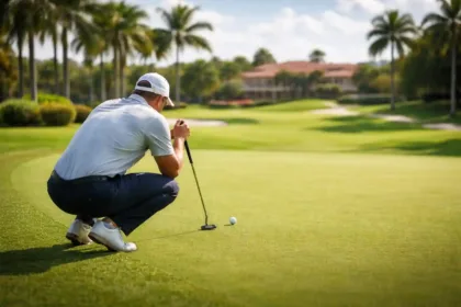 Golfer lining up a putt on a pristine golf green at a Florida club