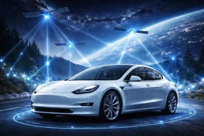 Tesla electric car with symbolic satellite connectivity lines