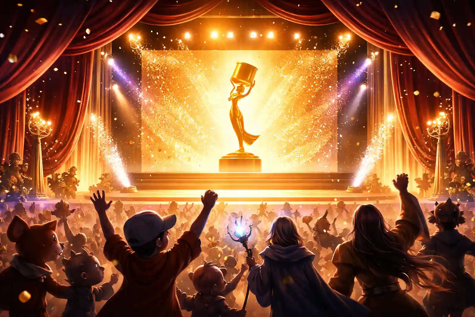 Stylized animation awards trophy silhouette against a dark elegant backdrop