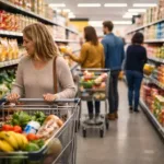 Shoppers pushing carts through a discount supermarket aisle with budget grocery products on shelves