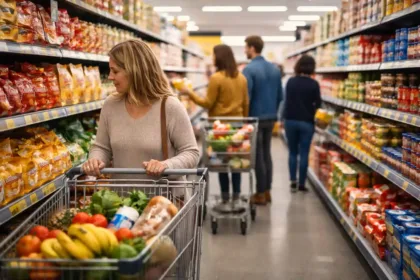 Shoppers pushing carts through a discount supermarket aisle with budget grocery products on shelves