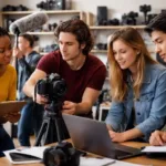 Film students collaborating in a classroom