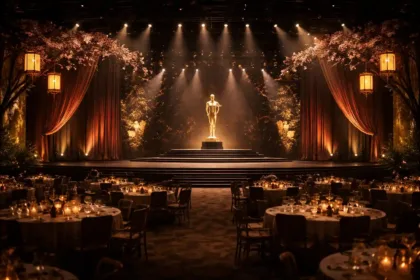 Awards stage in a dimly lit theater with soft spotlights