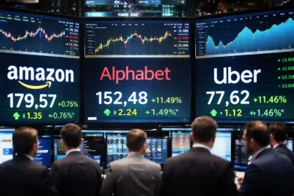 Traders at stock exchange with financial data screens showing market activity