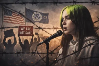 Billie Eilish performing on stage at an awards event