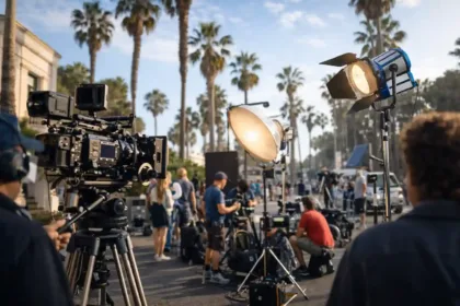 Film crew setup on a California location with camera equipment and set lighting, representing movie and TV production