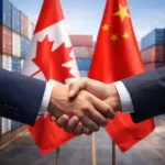 Trade agreement handshake with Canada and China business elements symbolizing tariffs reduction and cooperation