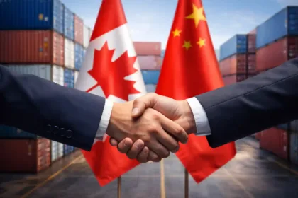 Trade agreement handshake with Canada and China business elements symbolizing tariffs reduction and cooperation