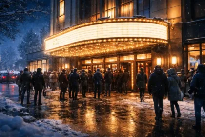 Movie theater marquee with crowds lined up for Mercy premiere