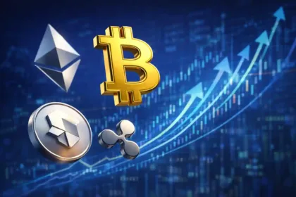 Cryptocurrency symbols floating over rising financial charts representing ETF inflows