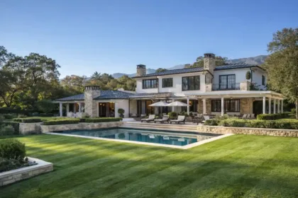 Luxury California estate exterior with manicured lawn and modern design