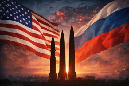 Symbolic representation of U.S.–Russia geopolitical tension and nuclear strategic standoff