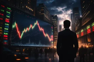 Wall Street stock ticker board showing sharp market moves