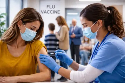 Health worker administering a flu vaccine and patients lining up for vaccination during flu season