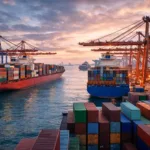 Global shipping containers and cargo vessels symbolizing international trade and commerce