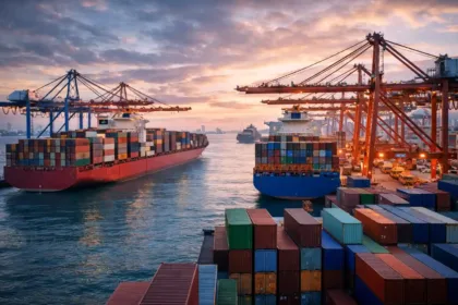 Global shipping containers and cargo vessels symbolizing international trade and commerce