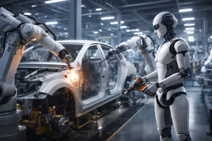 Industrial robotic arms and humanoid robot prototype in a futuristic factory space