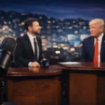 Late-night talk show microphone and studio setup symbolizing political commentary in entertainment
