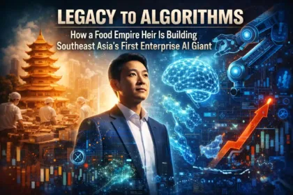 A modern Southeast Asian city skyline with digital network lines symbolizing artificial intelligence and innovation.