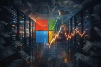 Modern data center servers with financial chart symbolizing Microsoft’s rising spending and market performance