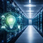 Modern data center with server racks and cooling infrastructure representing AI computing and energy efficiency