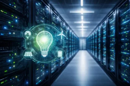 Modern data center with server racks and cooling infrastructure representing AI computing and energy efficiency