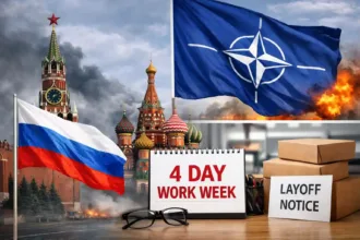 Russian industrial plant exterior with smoke stacks and workers at entrance