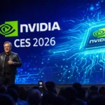 CEO speaking on stage at a technology conference with big screen display behind