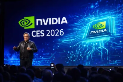 CEO speaking on stage at a technology conference with big screen display behind