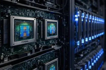 Close-up of cutting-edge AI chips installed in a high-performance server rack