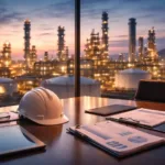 Modern oil refinery and executive boardroom representing energy industry leadership