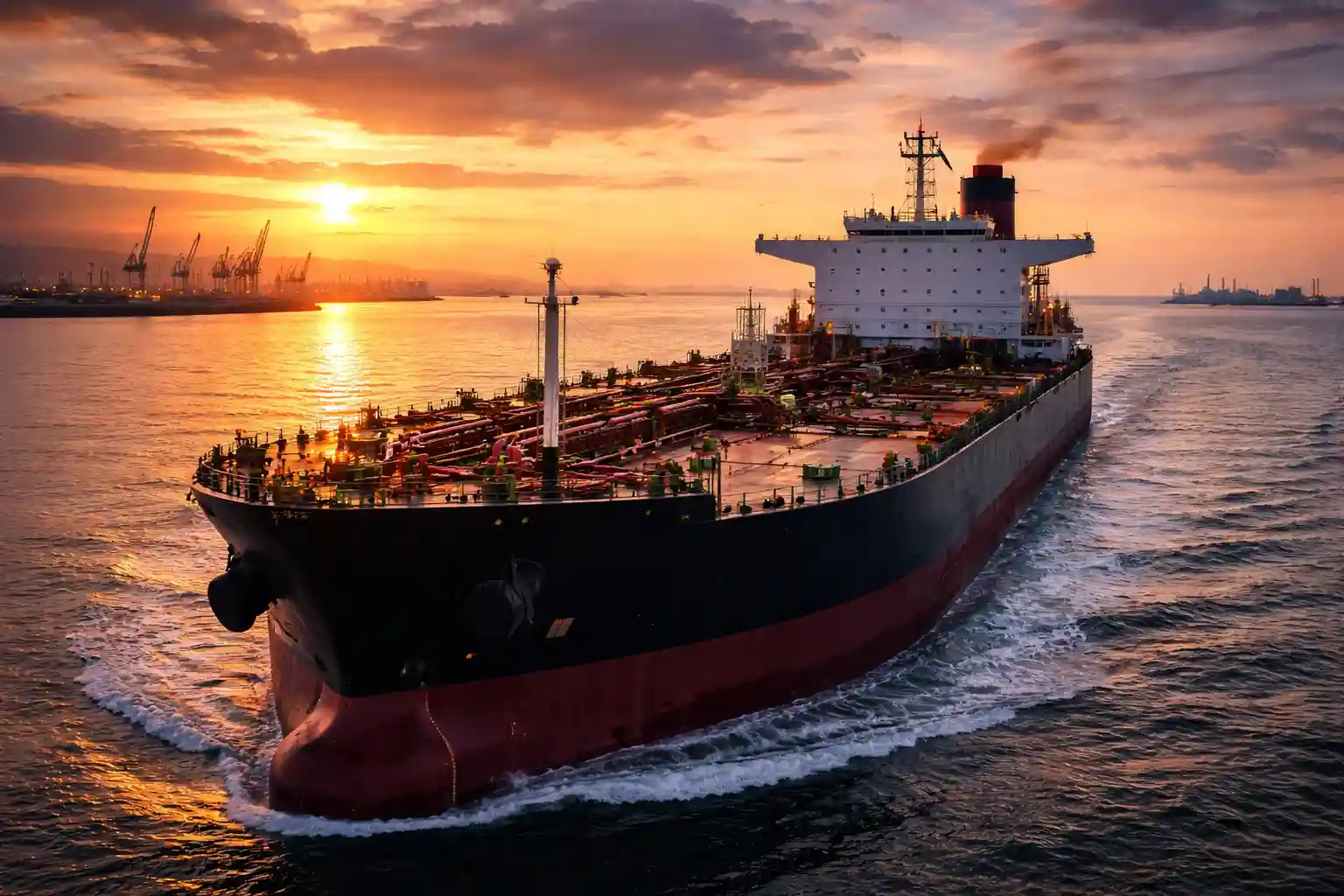 Crude oil tanker at sea approaching port, symbolizing energy exports and maritime operations.