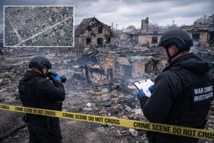 Satellite image of Ukrainian destroyed village with investigators documenting site