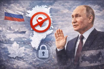 Aerial view of Greenland’s icy Arctic coastline and ocean