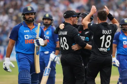 Indian cricket team in action against New Zealand in ODI