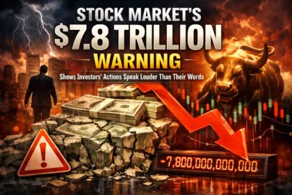 Stock market trading floor with digital financial charts and data screens