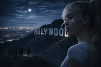 Hollywood sign on a hillside at dusk with Los Angeles cityscape below