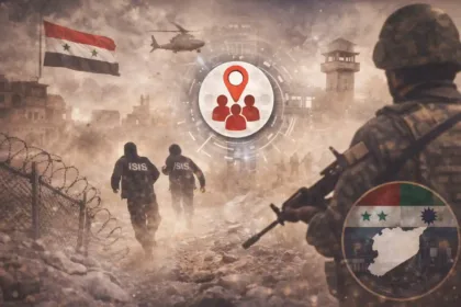 Armed forces searching around a damaged prison facility in northeastern Syria