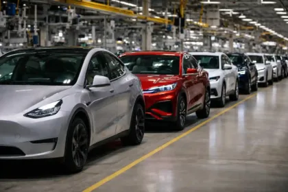 Row of electric vehicles on a manufacturing assembly line