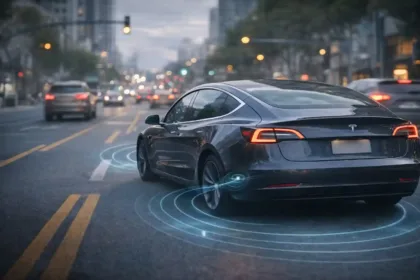 Tesla vehicle driving on a public road highlighting advanced driving technology
