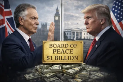 Tony Blair standing at a podium during an international press event