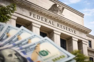 Close-up of Federal Reserve building exterior with U.S. dollar bills in soft focus representing monetary policy and currency strength
