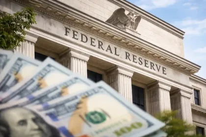 Close-up of Federal Reserve building exterior with U.S. dollar bills in soft focus representing monetary policy and currency strength